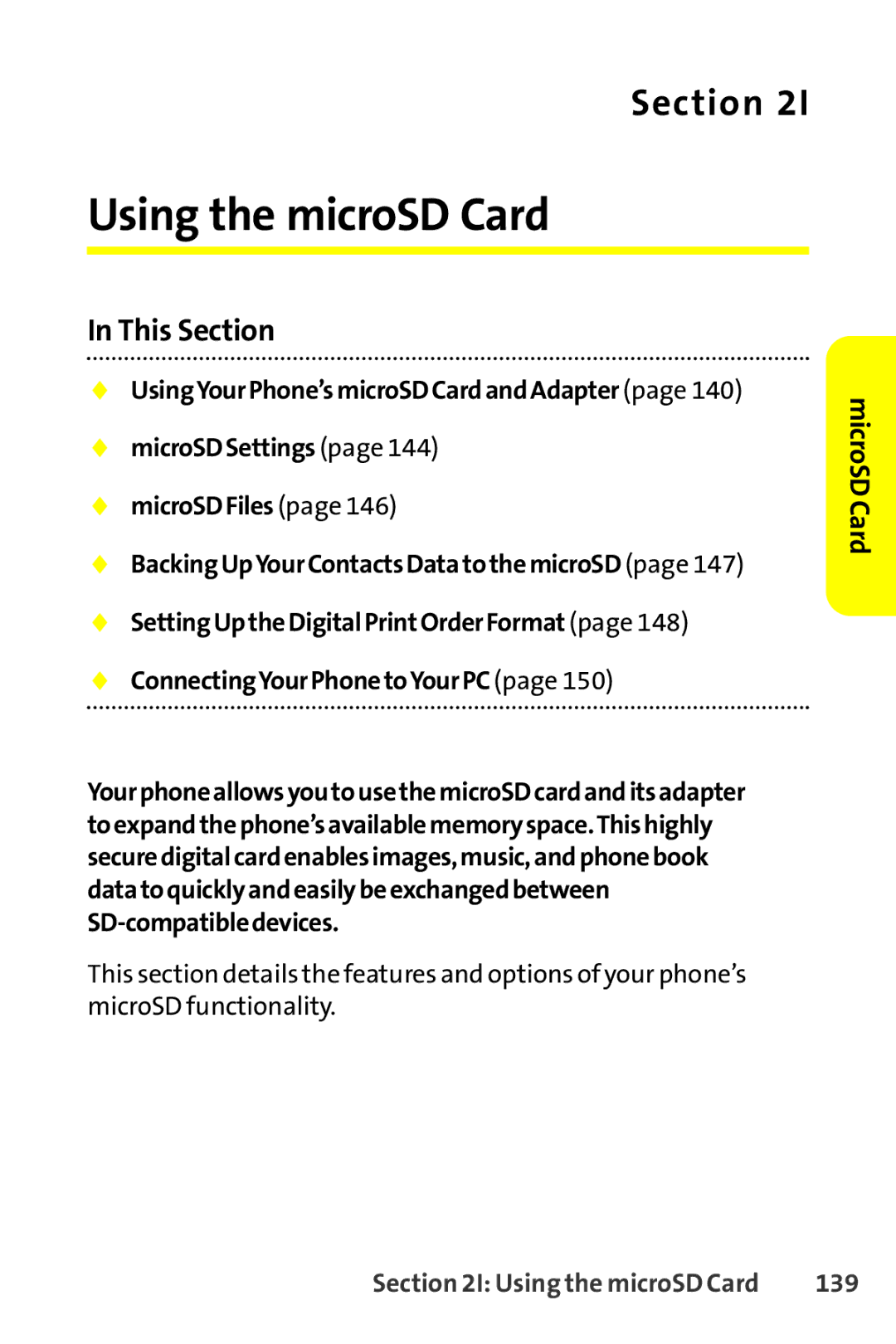 Sanyo SCP-8400 manual Using the microSD Card, 139 