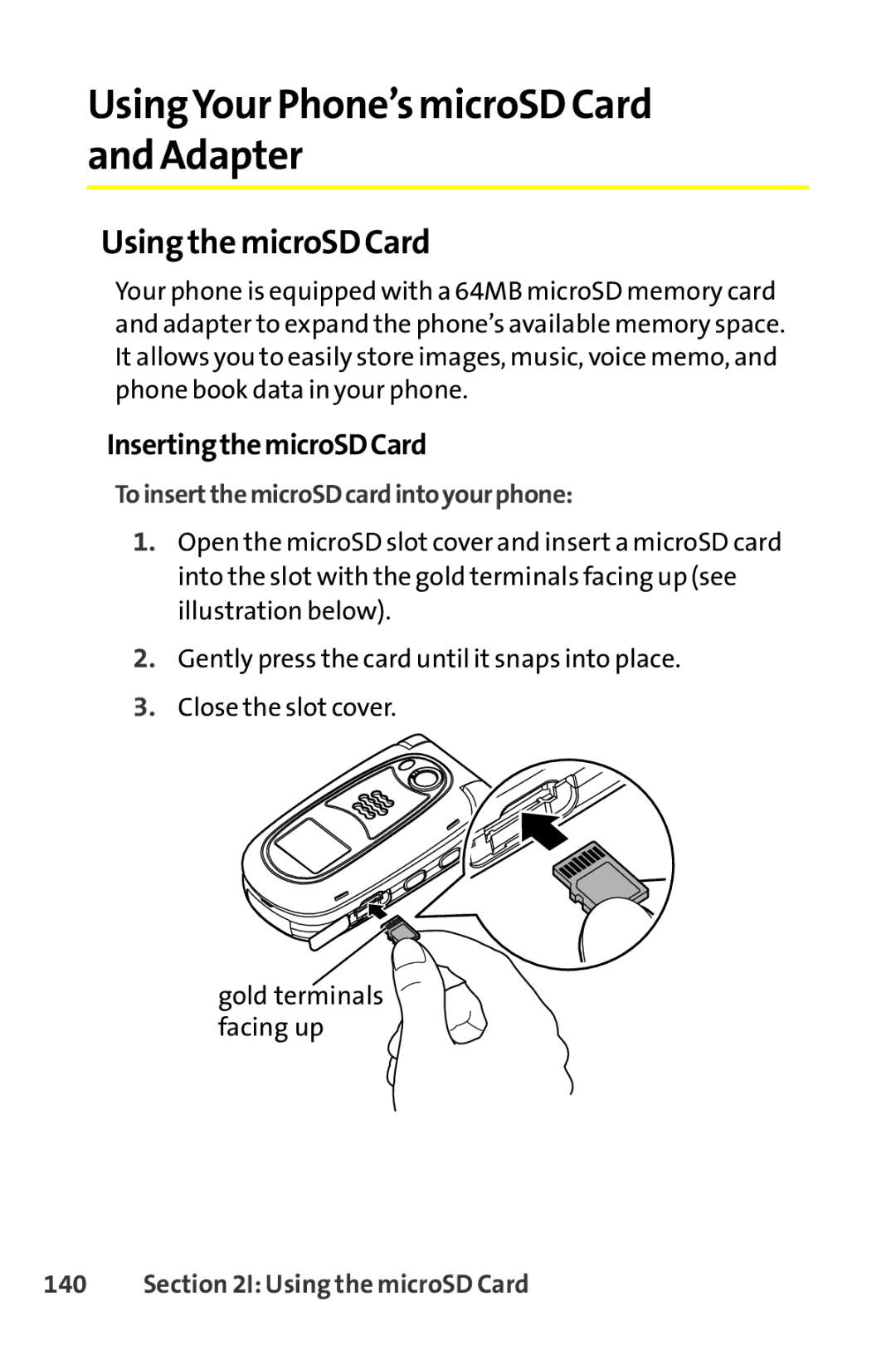 Sanyo SCP-8400 manual UsingYour Phone’s microSD Card and Adapter, Using the microSD Card, InsertingthemicroSDCard 