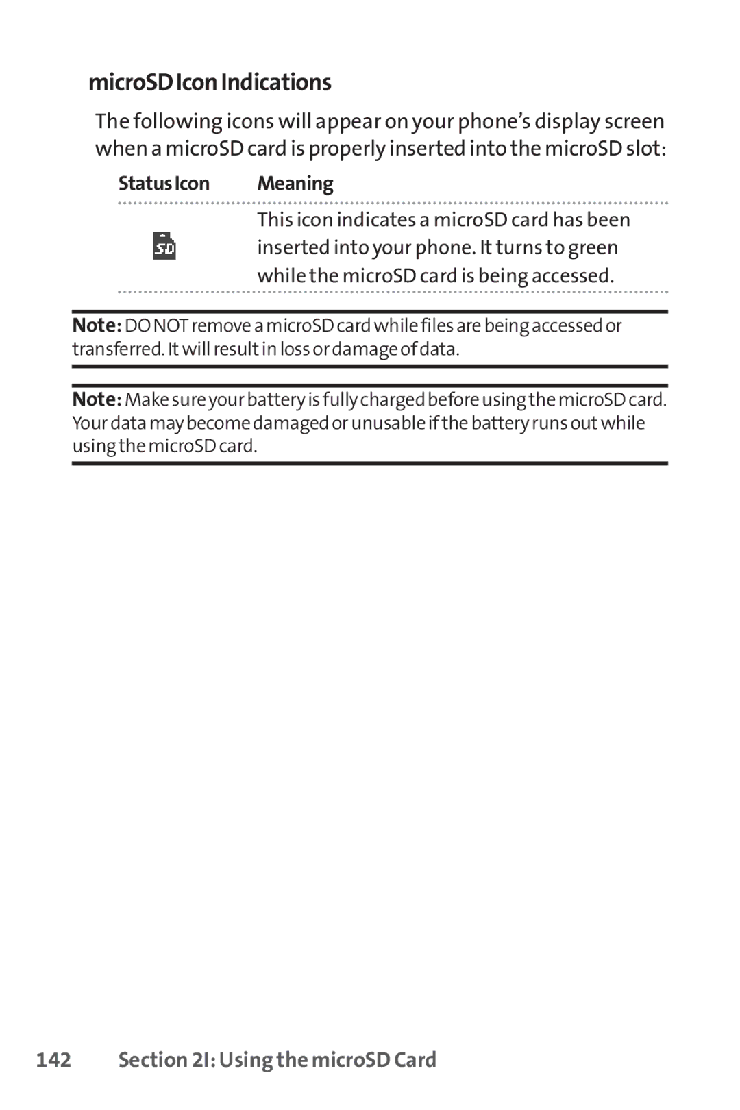 Sanyo SCP-8400 manual MicroSDIconIndications, StatusIcon Meaning 