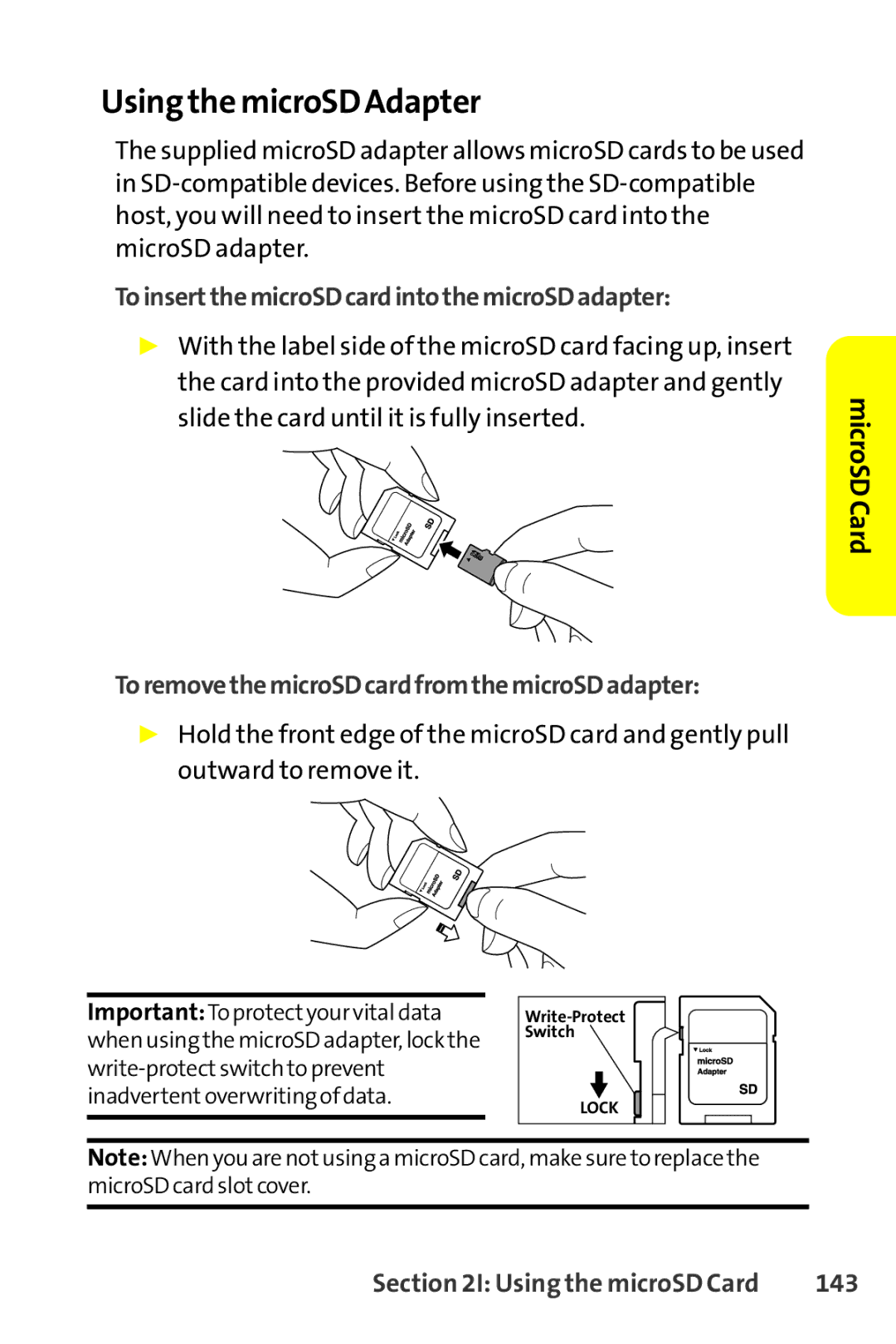 Sanyo SCP-8400 manual Using the microSD Adapter, ToinsertthemicroSDcardintothemicroSDadapter, 143 