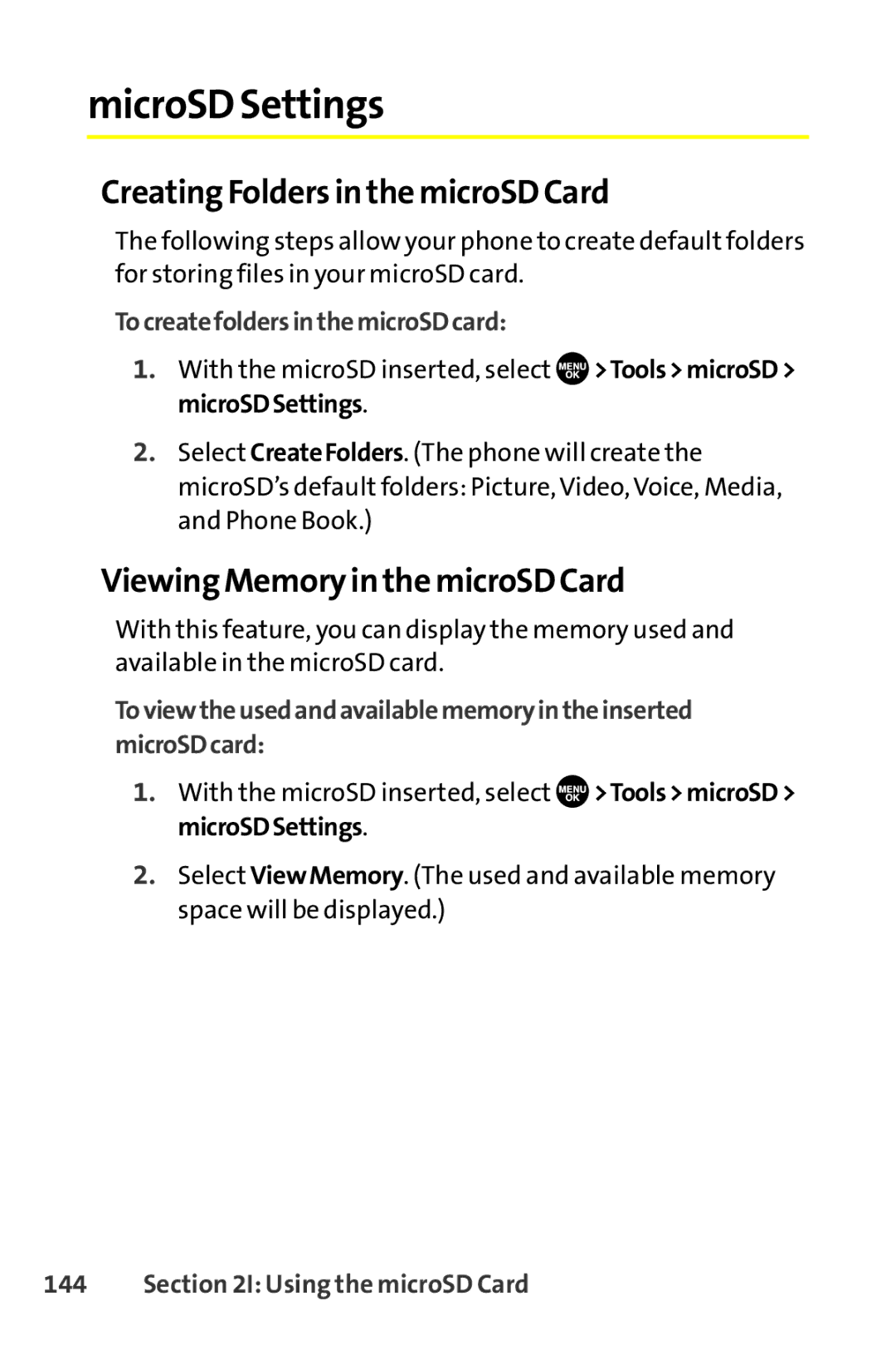 Sanyo SCP-8400 manual MicroSD Settings, Creating Folders in the microSD Card, Viewing Memory in the microSD Card 