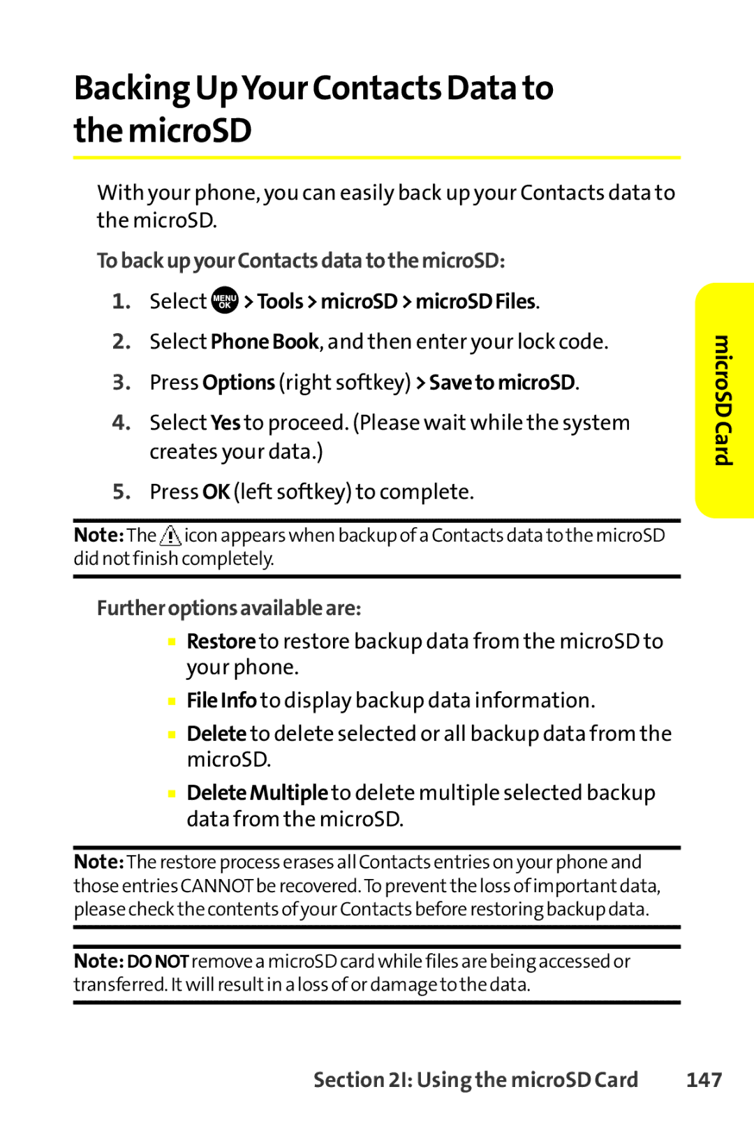 Sanyo SCP-8400 manual Backing UpYour Contacts Data to the microSD, TobackupyourContactsdatatothemicroSD, 147 