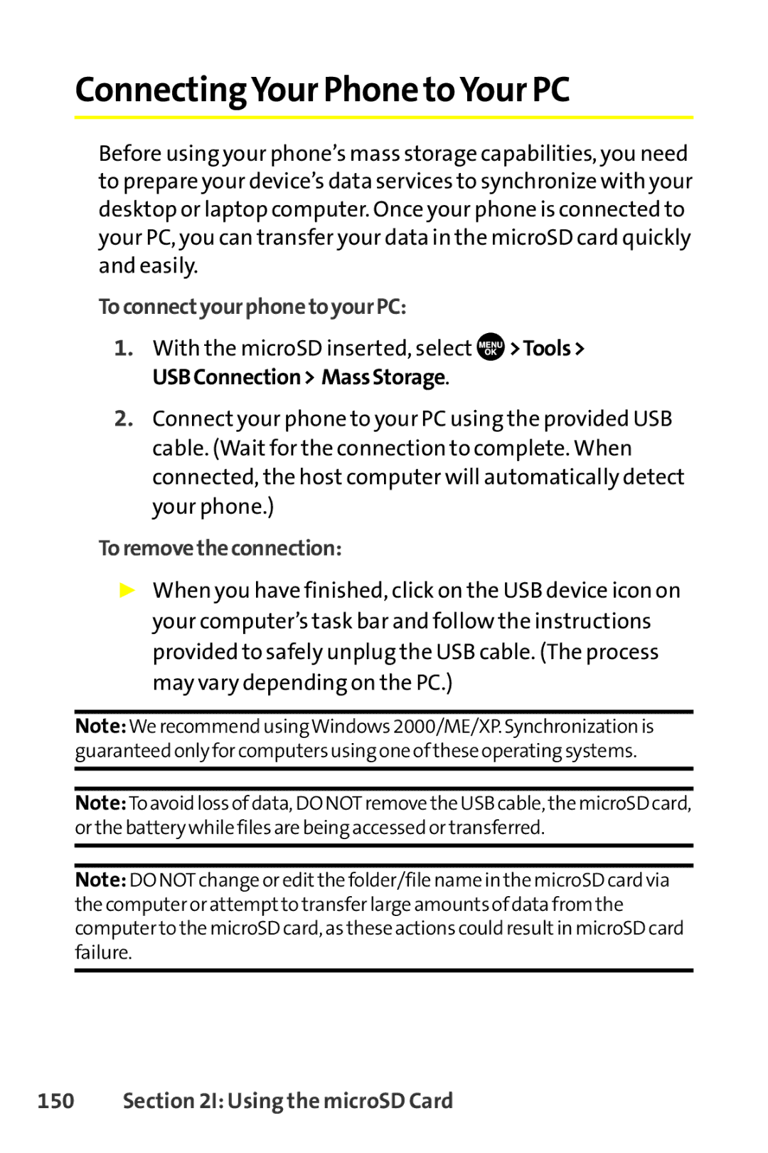 Sanyo SCP-8400 manual ConnectingYour Phone toYour PC, ToconnectyourphonetoyourPC, Toremovetheconnection 