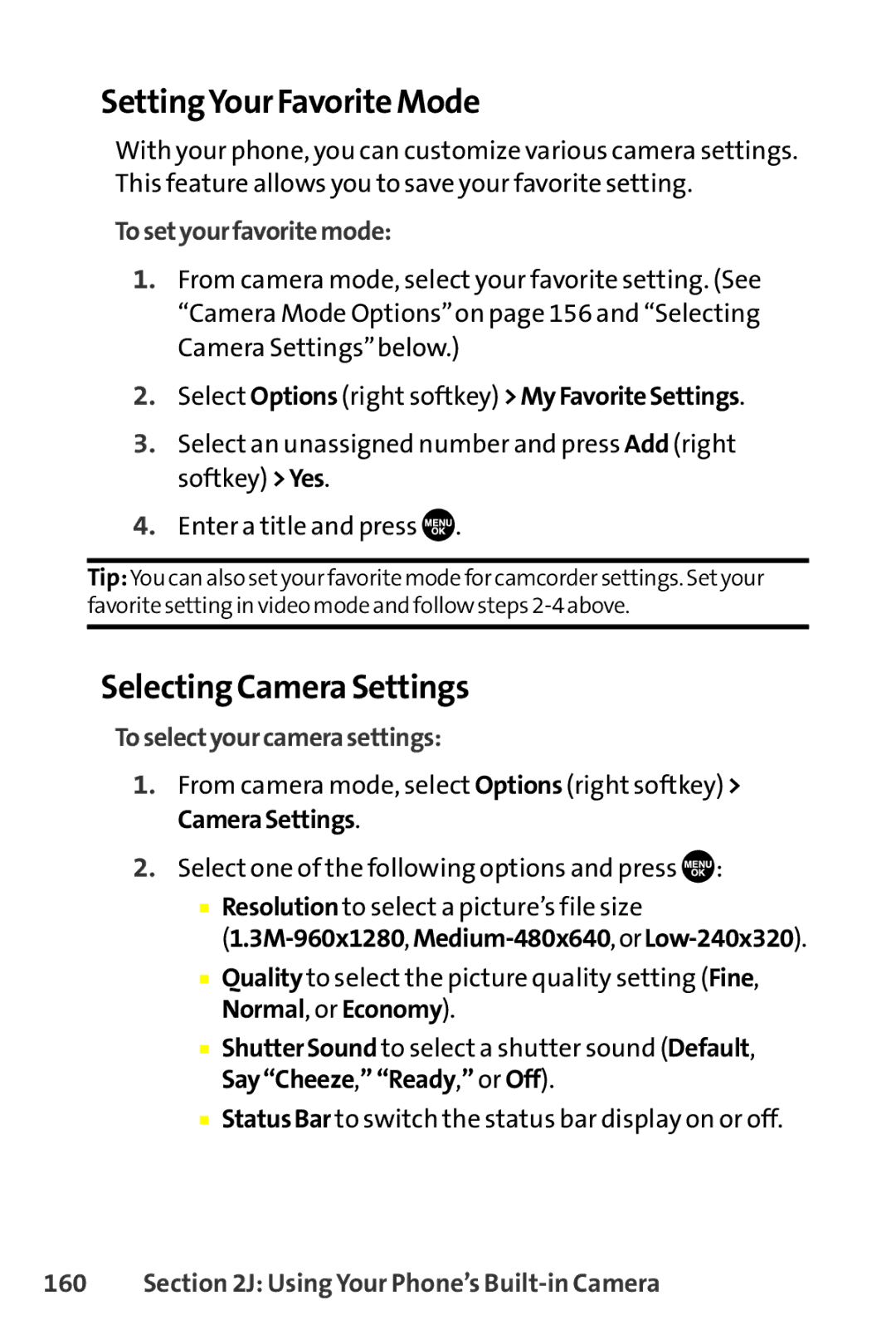 Sanyo SCP-8400 SettingYour Favorite Mode, Selecting Camera Settings, Tosetyourfavoritemode, Toselectyourcamerasettings 