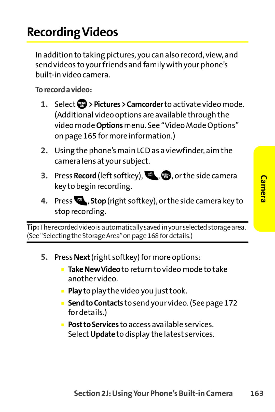 Sanyo SCP-8400 manual RecordingVideos, Torecordavideo, 163 