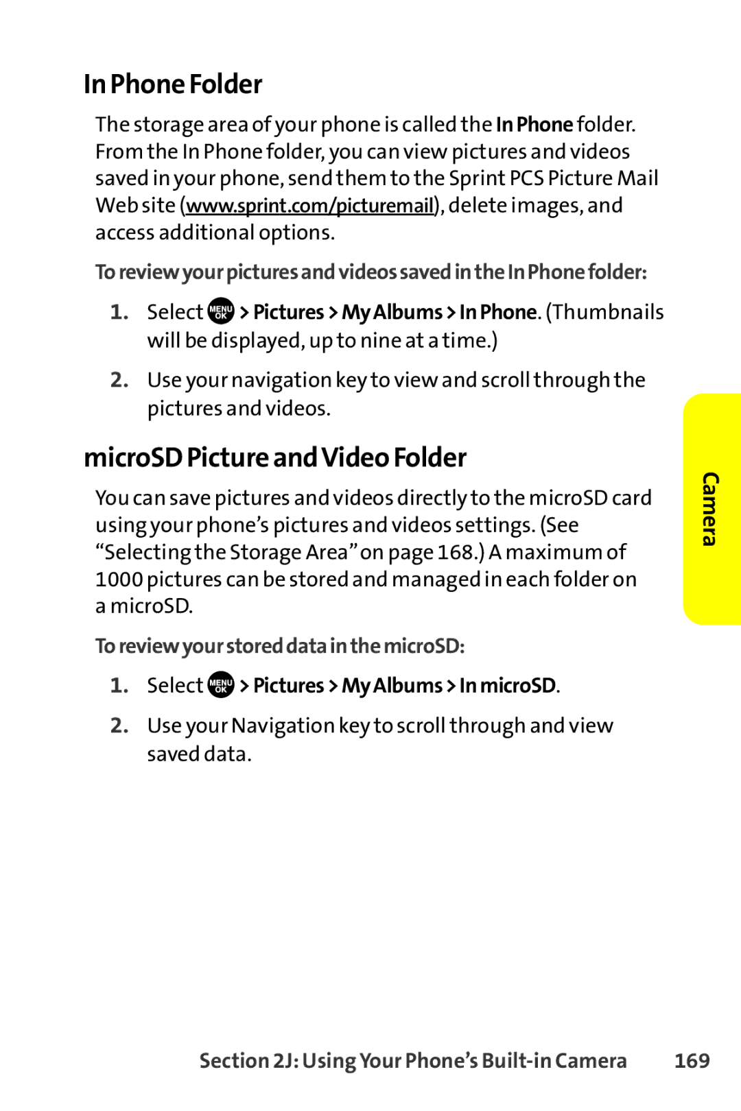 Sanyo SCP-8400 manual Phone Folder, MicroSD Picture andVideo Folder, ToreviewyourstoreddatainthemicroSD, 169 