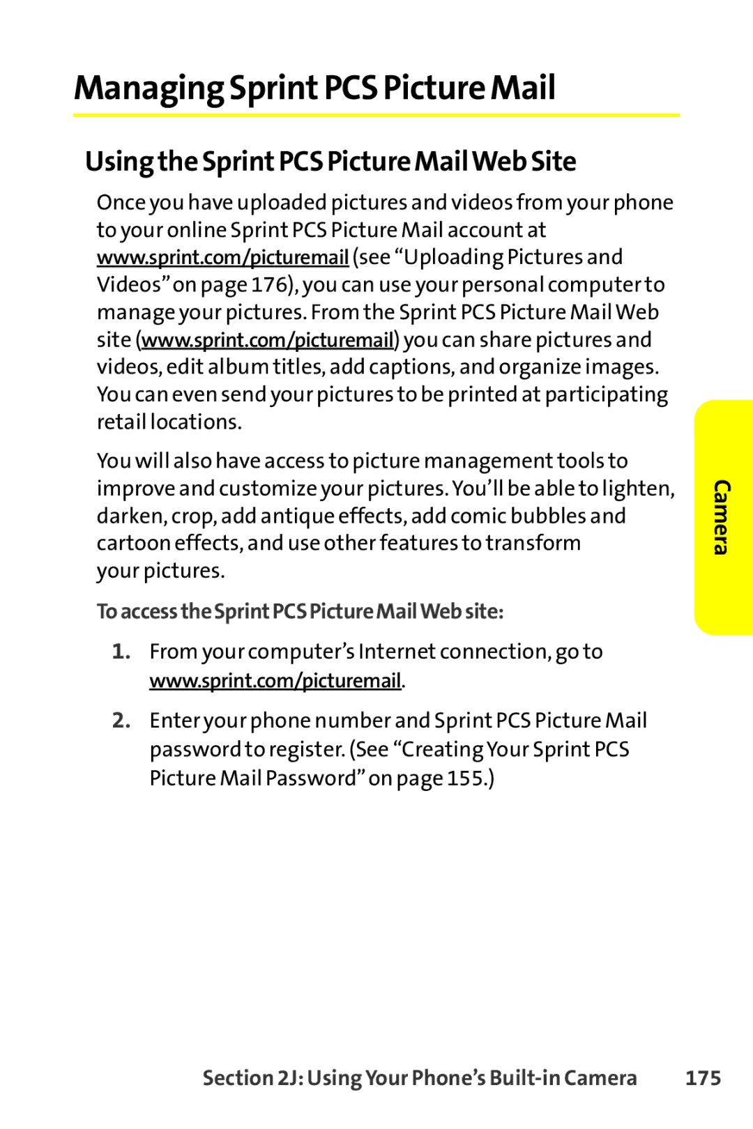 Sanyo SCP-8400 manual Managing SprintPCS Picture Mail, Using the SprintPCS Picture MailWeb Site, 175 