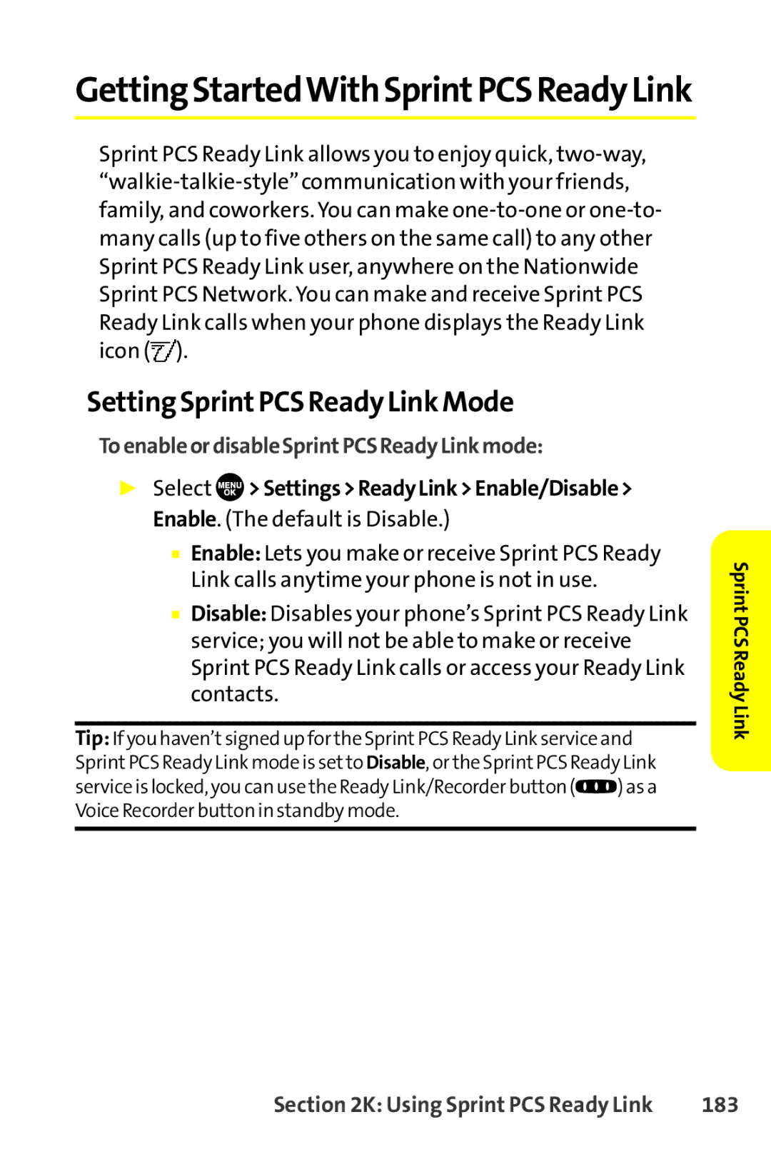 Sanyo SCP-8400 manual Setting SprintPCS Ready Link Mode, ToenableordisableSprintPCSReadyLinkmode, 183 