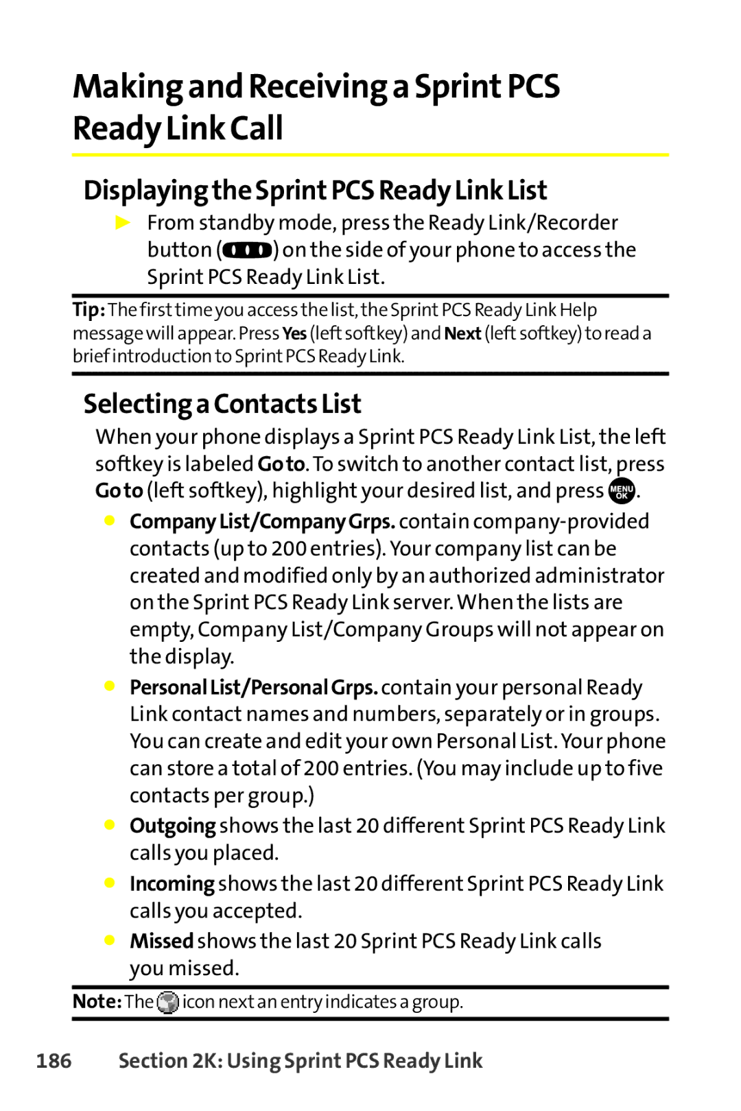 Sanyo SCP-8400 manual Making and Receiving a SprintPCS Ready Link Call, Displaying the SprintPCS Ready Link List 