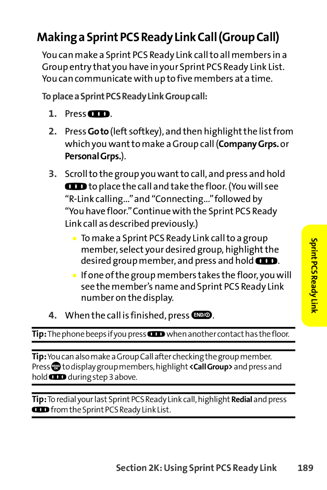 Sanyo SCP-8400 manual Making a SprintPCS Ready Link Call Group Call, ToplaceaSprintPCSReadyLinkGroupcall, 189 