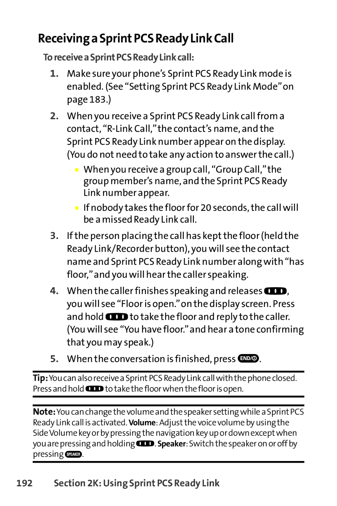 Sanyo SCP-8400 manual Receiving a SprintPCS Ready Link Call, ToreceiveaSprintPCSReadyLinkcall 