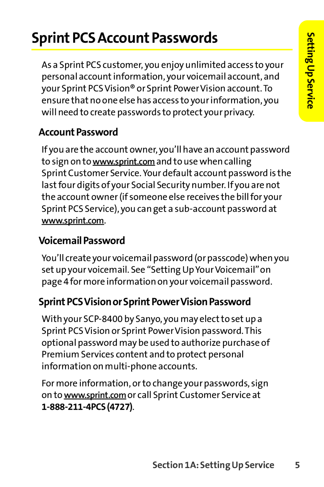 Sanyo SCP-8400 SprintPCS AccountPasswords, Account Password VoicemailPassword, SprintPCSVisionorSprintPowerVisionPassword 