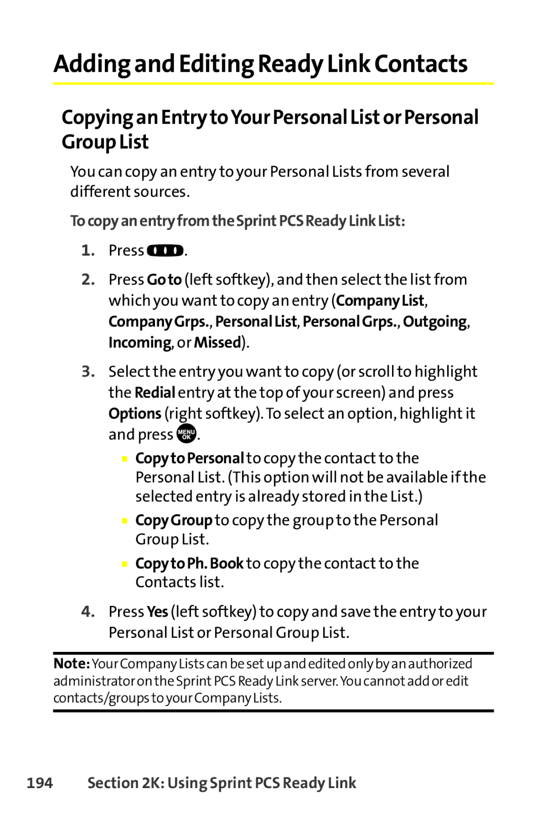 Sanyo SCP-8400 Copying an Entry toYour Personal Listor Personal Group List, TocopyanentryfromtheSprintPCSReadyLinkList 