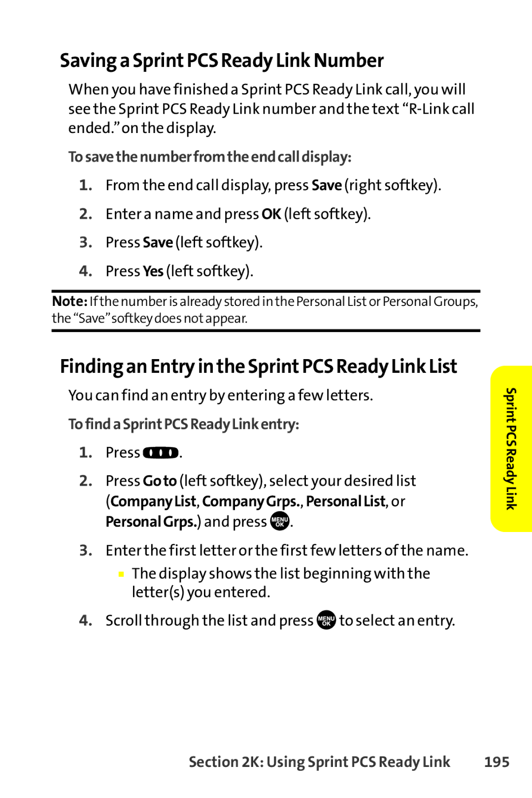 Sanyo SCP-8400 manual Saving a SprintPCS Ready Link Number, Finding an Entry in the SprintPCS Ready Link List, 195 