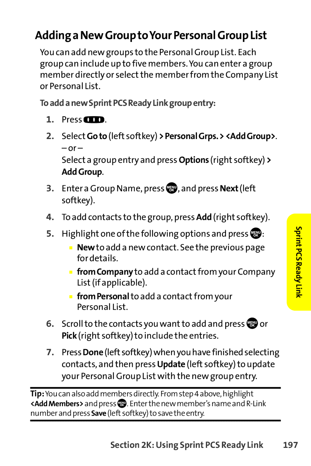 Sanyo SCP-8400 manual Adding a New Group toYour Personal Group List, ToaddanewSprintPCSReadyLinkgroupentry, 197 