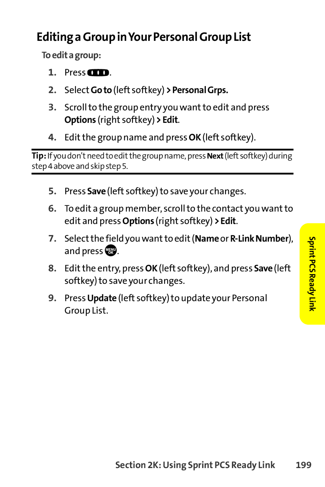 Sanyo SCP-8400 manual Editing a Group inYour Personal Group List, Toeditagroup, 199 