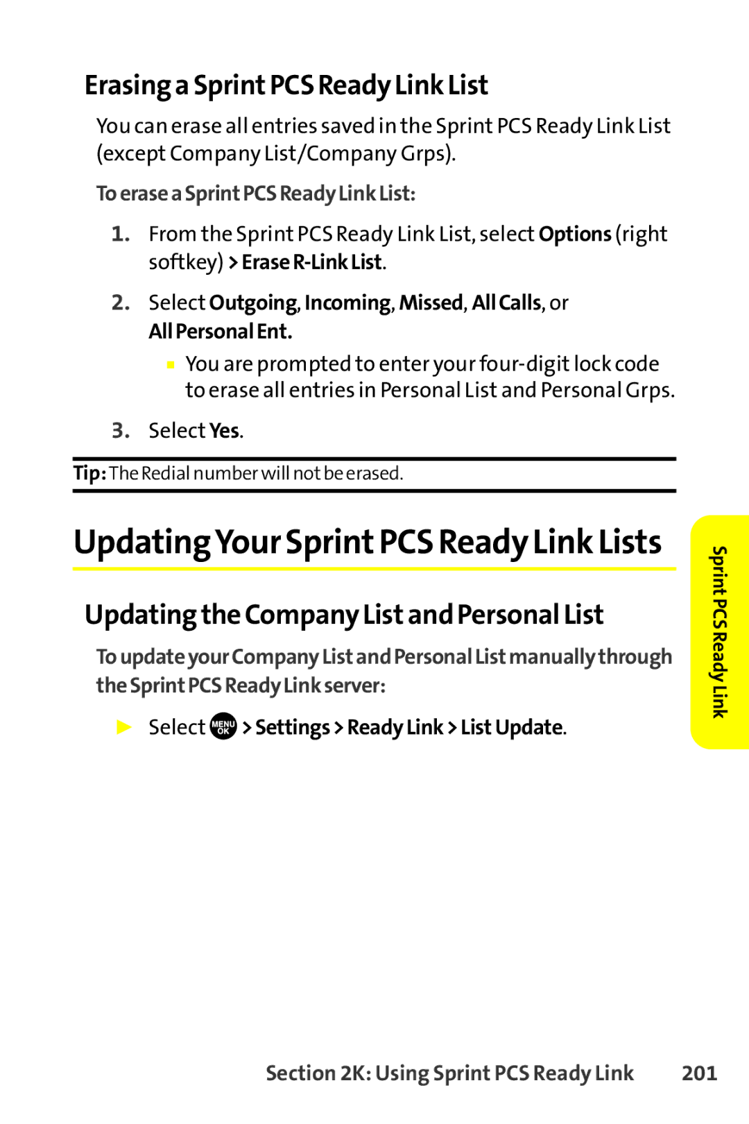 Sanyo SCP-8400 manual Erasing a SprintPCS Ready Link List, Updating the Company Listand Personal List, 201 