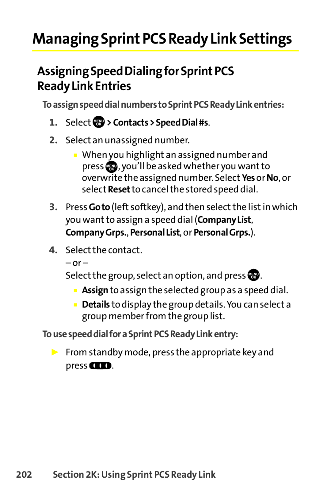 Sanyo SCP-8400 manual Assigning Speed Dialing for SprintPCS Ready Link Entries, TousespeeddialforaSprintPCSReadyLinkentry 