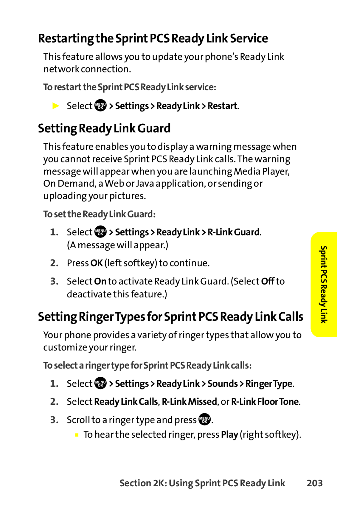 Sanyo SCP-8400 manual Setting Ready Link Guard, To restartthe SprintPCS Ready Link service, To setthe Ready Link Guard, 203 