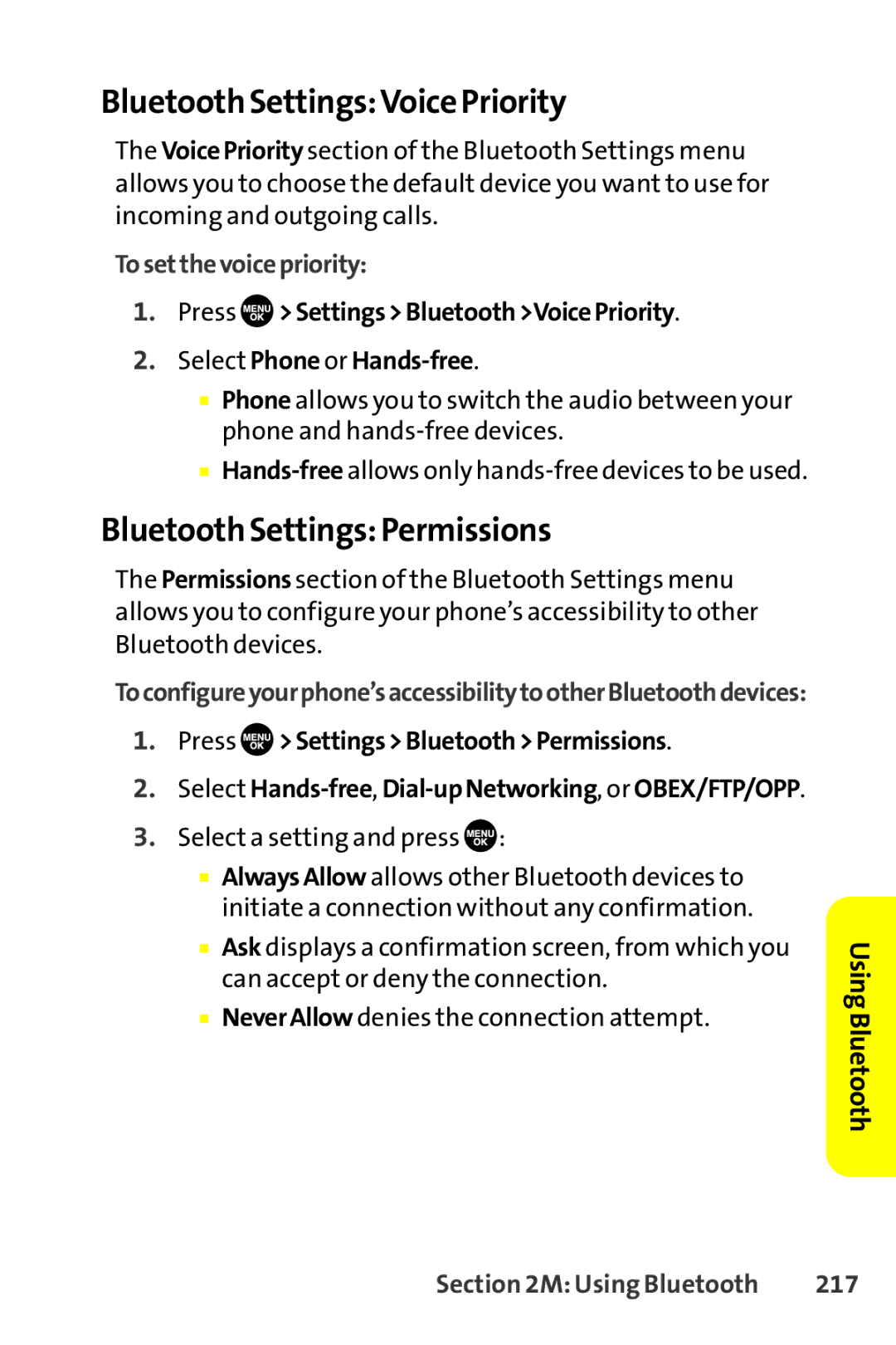 Sanyo SCP-8400 manual Bluetooth SettingsVoice Priority, Bluetooth Settings Permissions, Tosetthevoicepriority, 217 