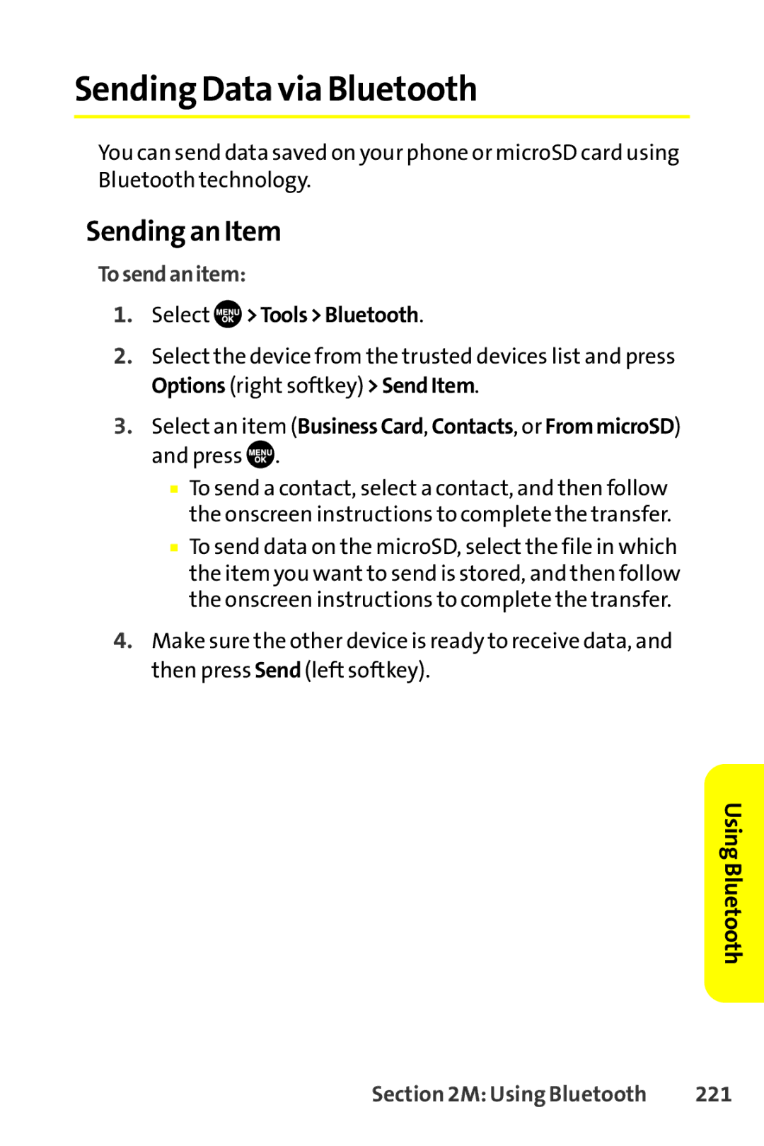 Sanyo SCP-8400 manual Sending Data via Bluetooth, Sending an Item, Tosendanitem, Select ToolsBluetooth, 221 