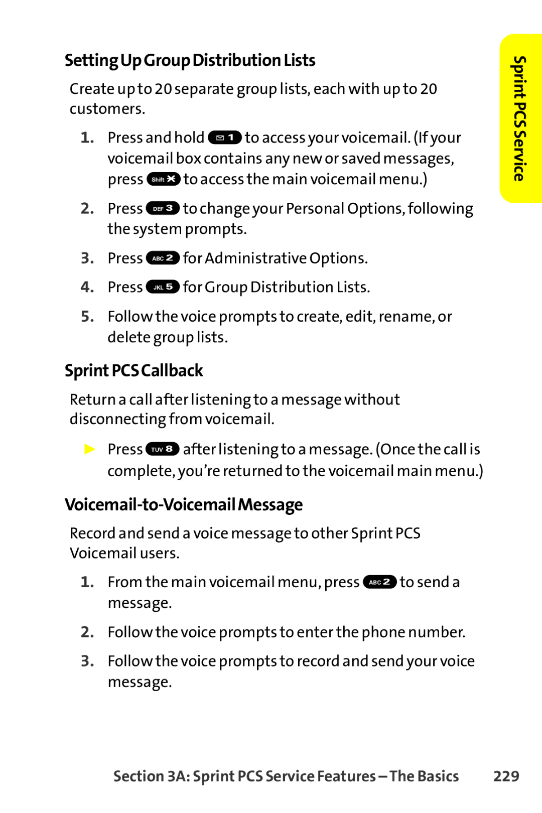 Sanyo SCP-8400 manual SettingUpGroupDistributionLists, SprintPCSCallback, Voicemail-to-VoicemailMessage, 229 