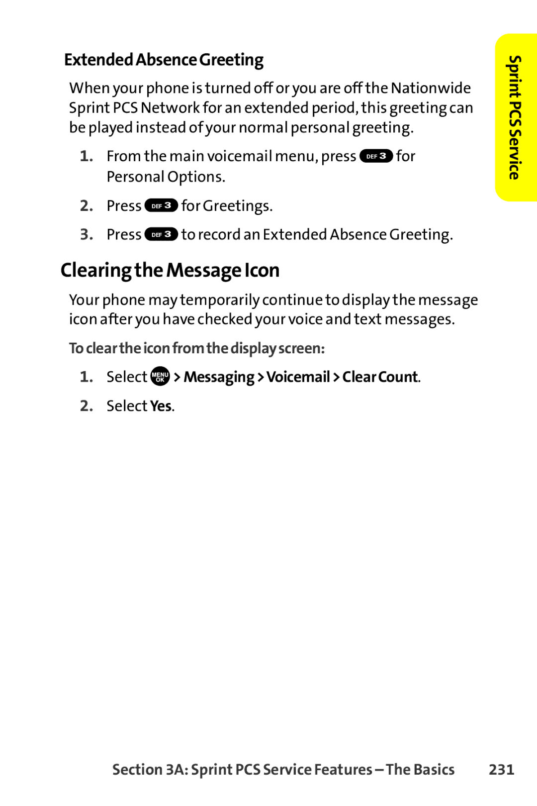 Sanyo SCP-8400 manual Clearing the Message Icon, ExtendedAbsenceGreeting, Tocleartheiconfromthedisplayscreen, 231 