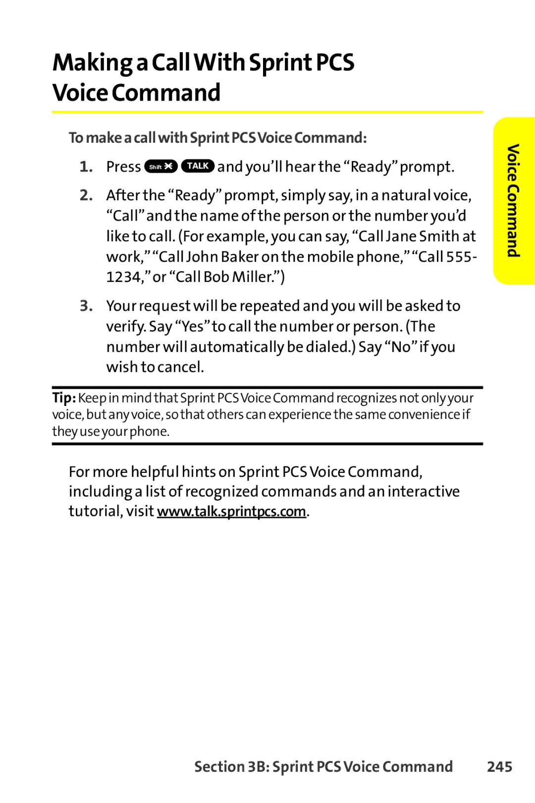 Sanyo SCP-8400 manual Making a CallWith SprintPCS Voice Command, TomakeacallwithSprintPCSVoiceCommand, 245 