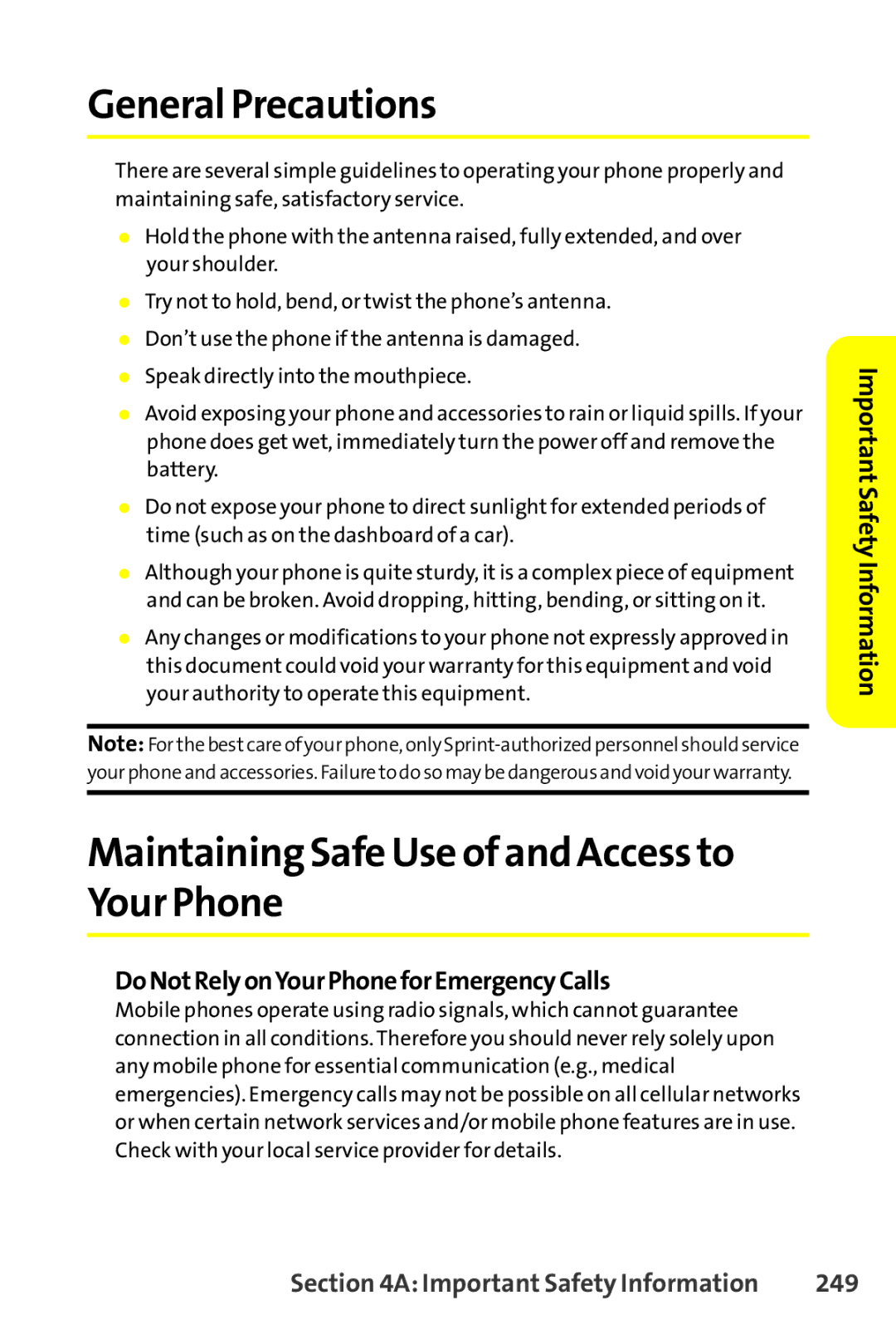 Sanyo SCP-8400 General Precautions, Maintaining Safe Use of and Access to Your Phone, Important Safety Information, 249 