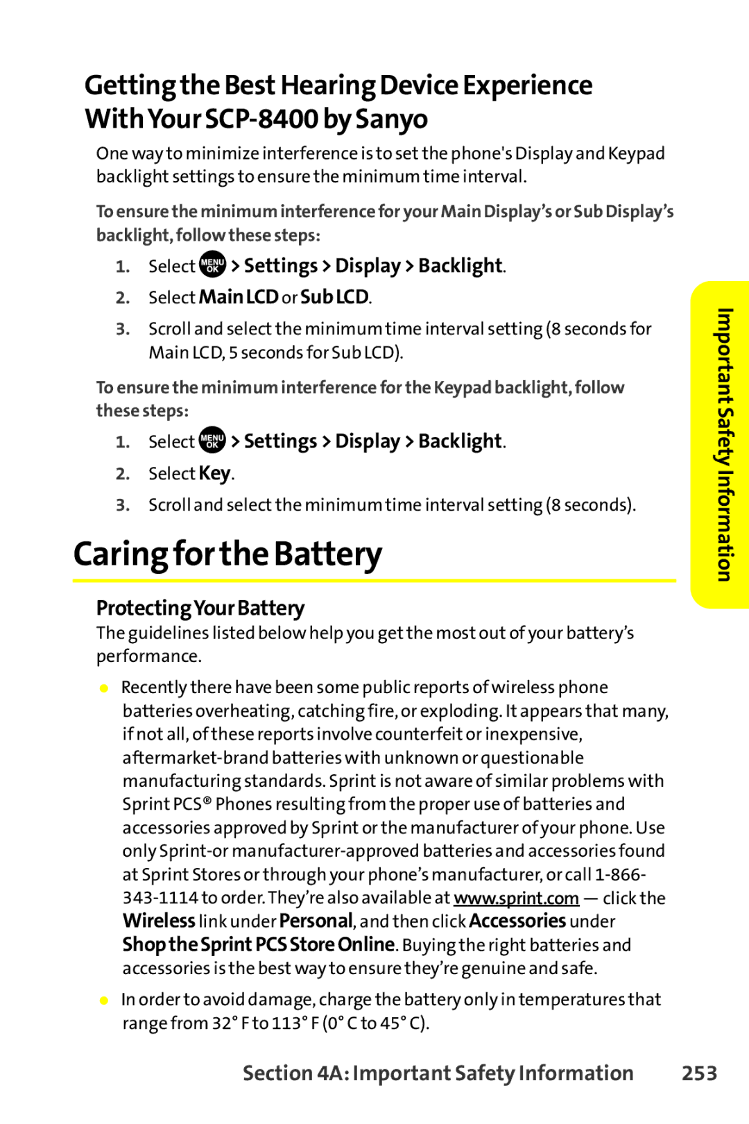 Sanyo SCP-8400 Caring for the Battery, Select Settings Display Backlight Select MainLCD or SubLCD, ProtectingYourBattery 