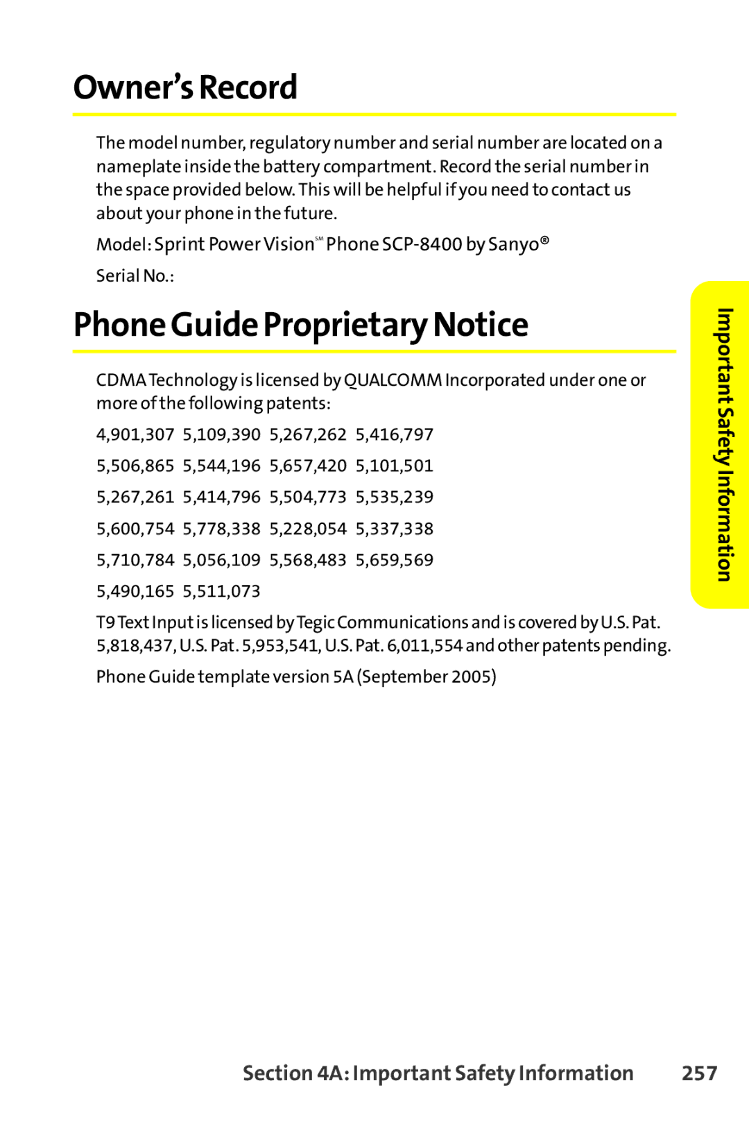 Sanyo SCP-8400 manual Owner’s Record, Phone Guide Proprietary Notice, 257 