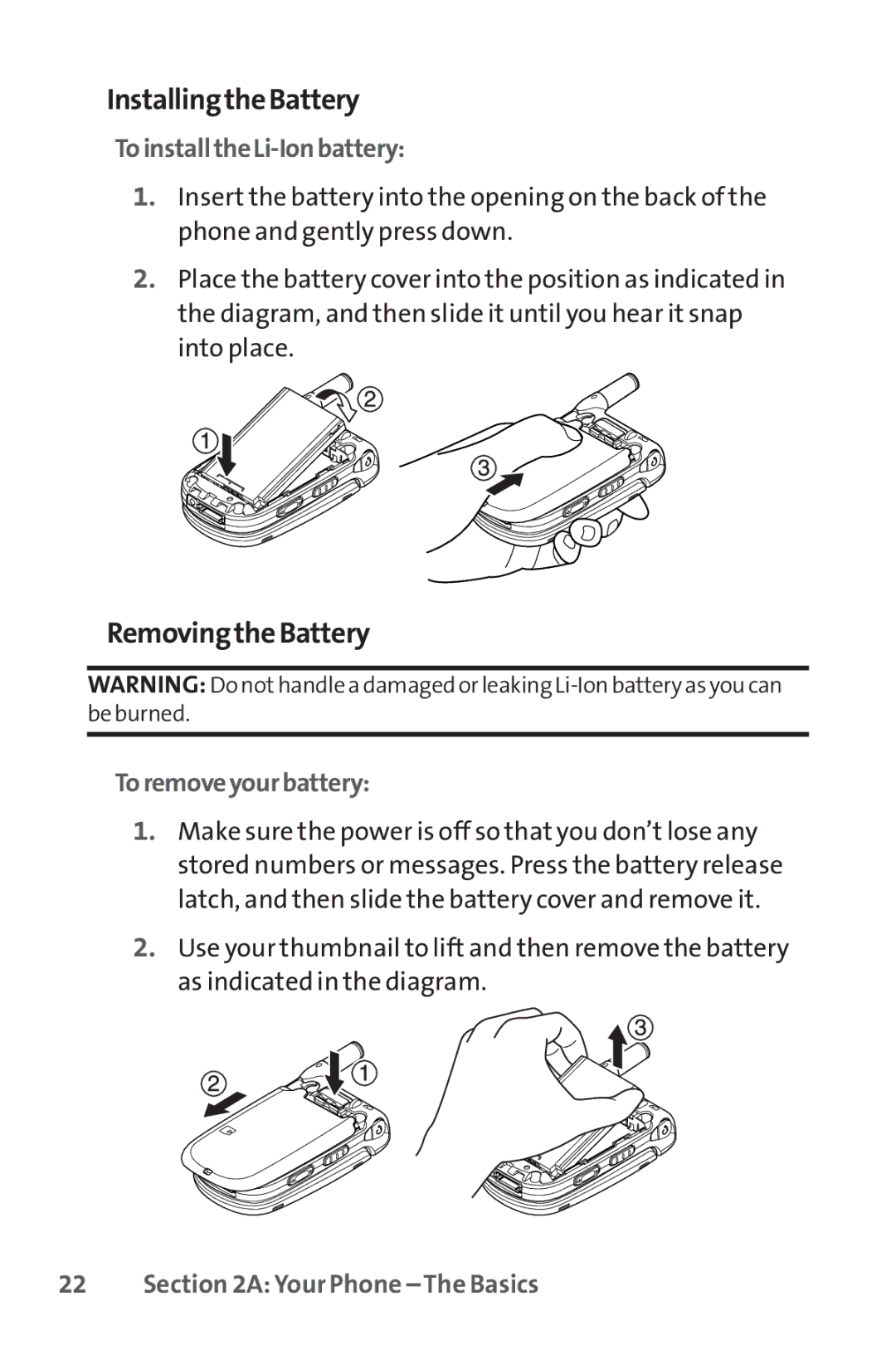 Sanyo SCP-8400 manual InstallingtheBattery, RemovingtheBattery, ToinstalltheLi-Ionbattery, Toremoveyourbattery 