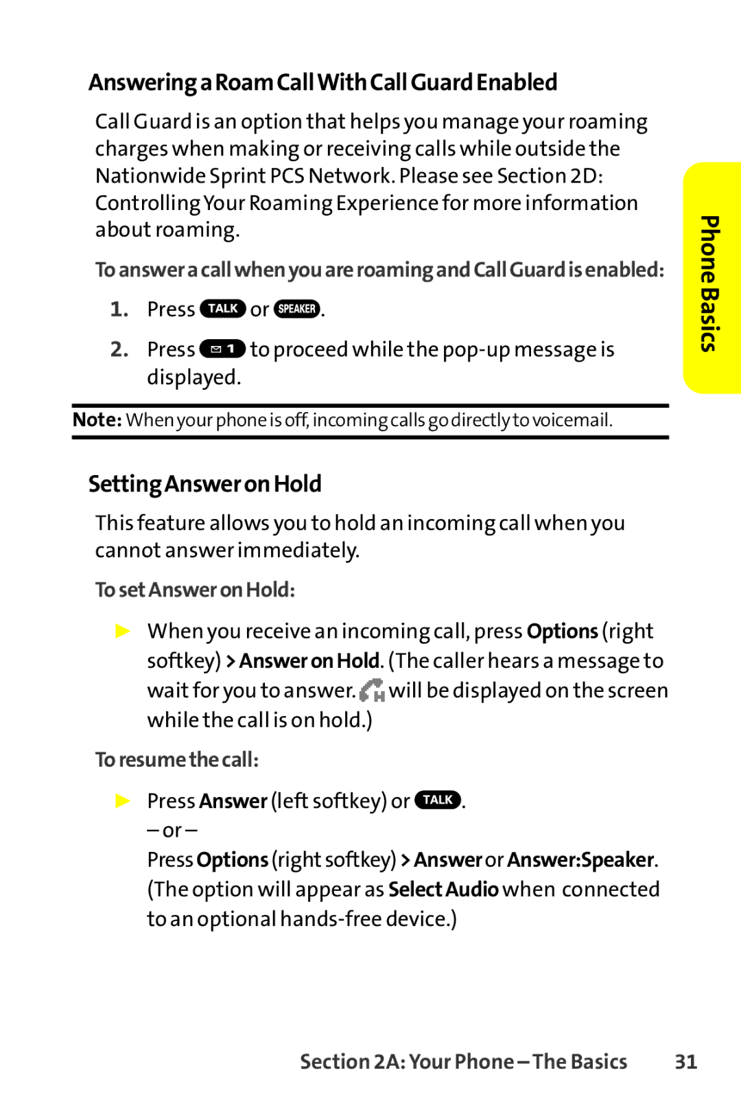 Sanyo SCP-8400 manual AnsweringaRoamCallWithCallGuardEnabled, SettingAnsweronHold, TosetAnsweronHold, Toresumethecall 