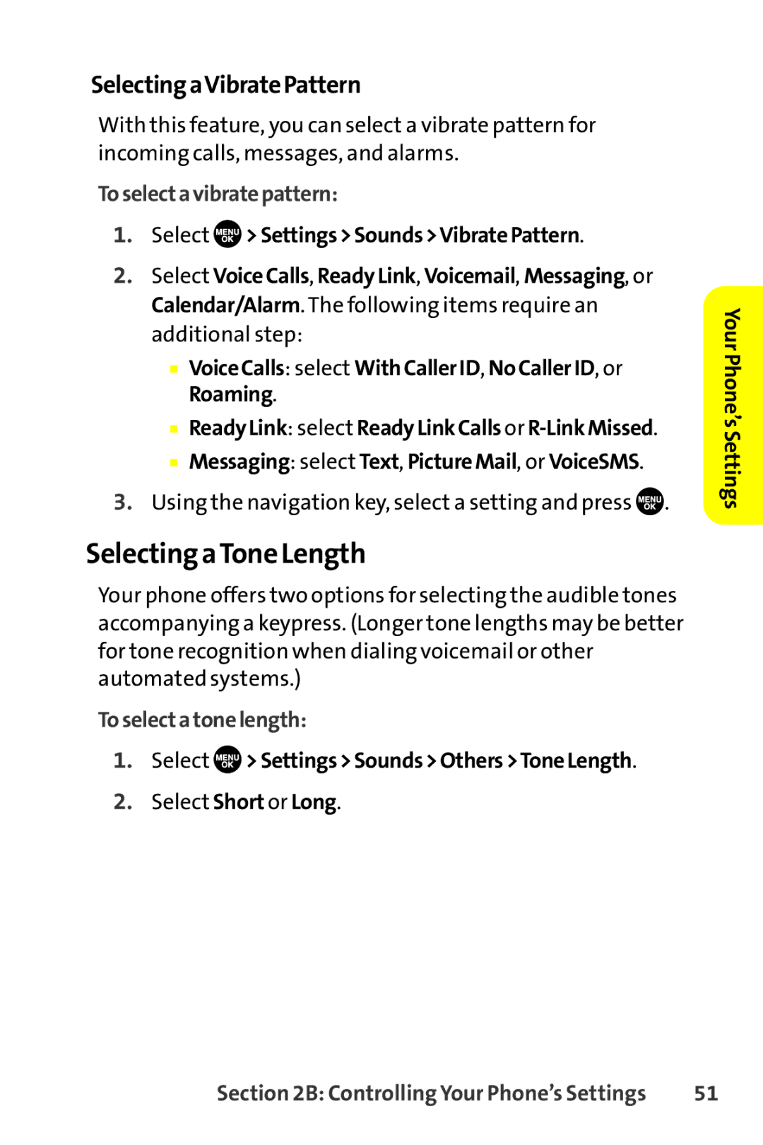 Sanyo SCP-8400 manual Selecting aTone Length, SelectingaVibratePattern, Toselectavibratepattern, Toselectatonelength 