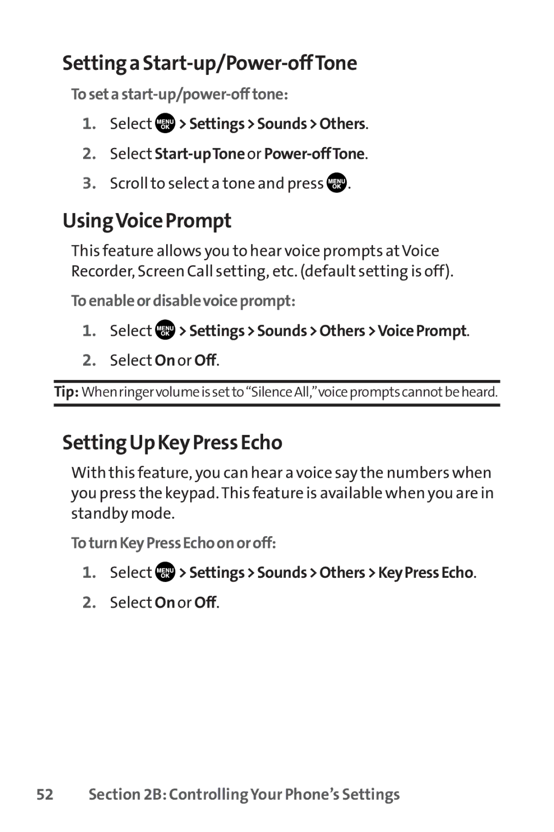 Sanyo SCP-8400 manual Setting a Start-up/Power-offTone, UsingVoice Prompt, Setting Up Key Press Echo 