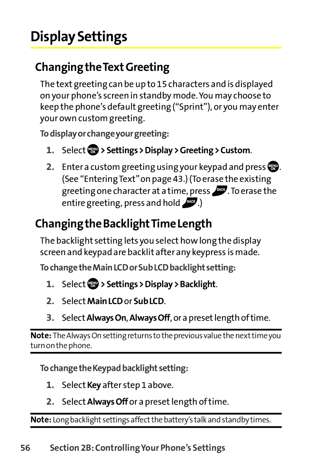 Sanyo SCP-8400 manual Display Settings, Changing theTextGreeting, Changing the BacklightTime Length 