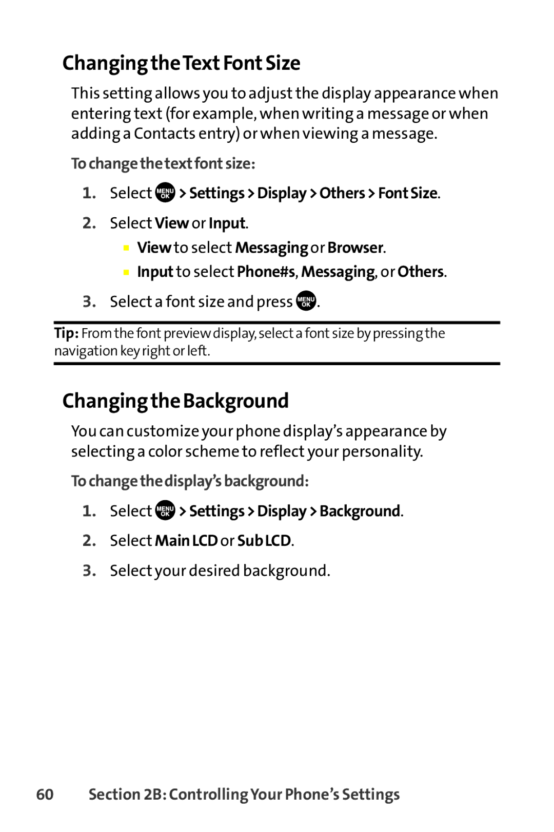 Sanyo SCP-8400 Changing theTextFontSize, Changing the Background, Tochangethetextfontsize, Tochangethedisplay’sbackground 