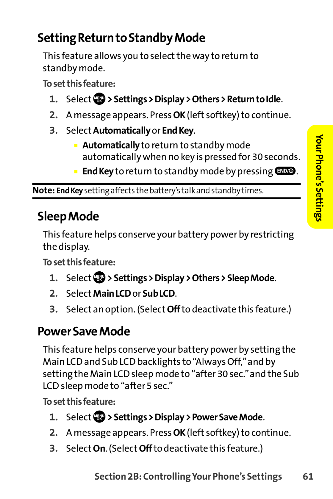 Sanyo SCP-8400 manual Setting Return to Standby Mode, Sleep Mode, Power Save Mode, Tosetthisfeature 