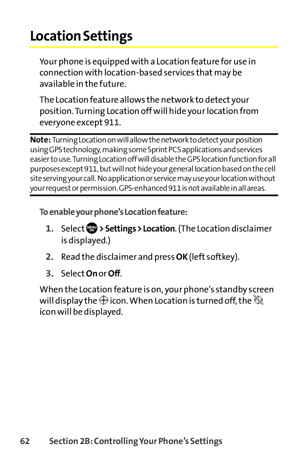 Sanyo SCP-8400 manual Location Settings, Toenableyourphone’sLocationfeature 