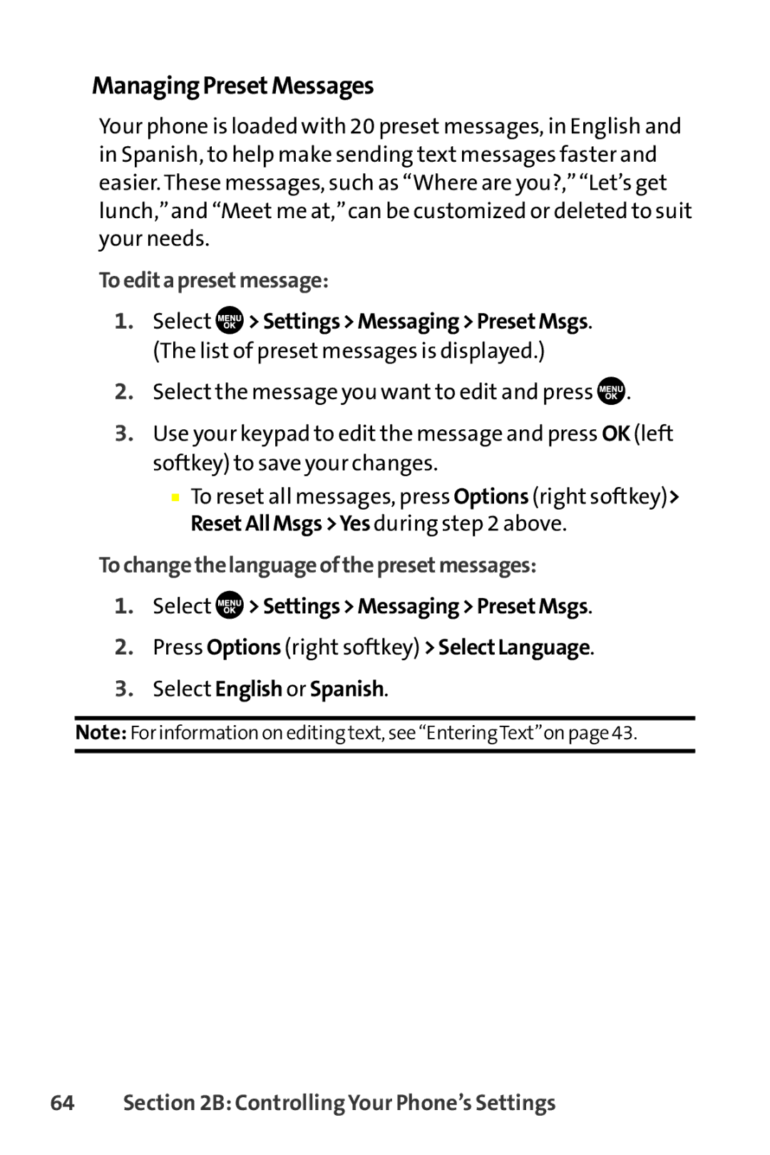 Sanyo SCP-8400 manual ManagingPresetMessages, Toeditapresetmessage, Tochangethelanguageofthepresetmessages 