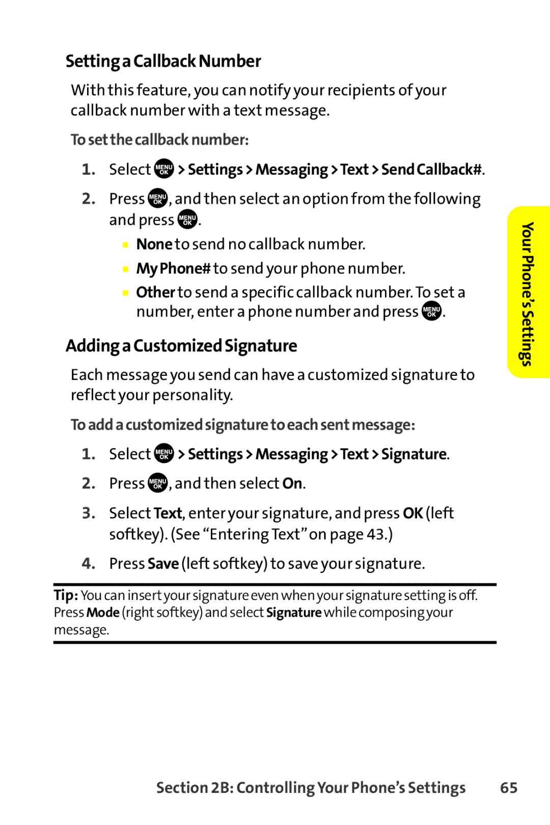 Sanyo SCP-8400 manual SettingaCallbackNumber, AddingaCustomizedSignature, Tosetthecallbacknumber 