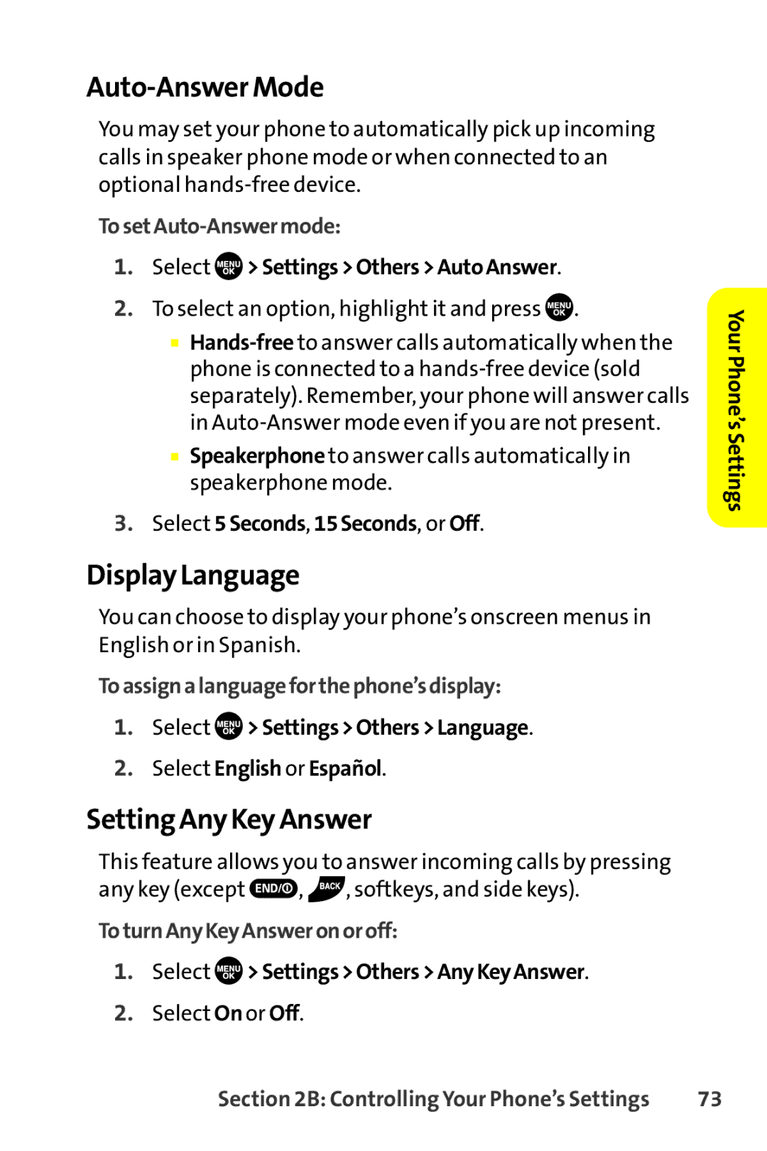 Sanyo SCP-8400 manual Auto-Answer Mode, Display Language, Setting Any Key Answer 