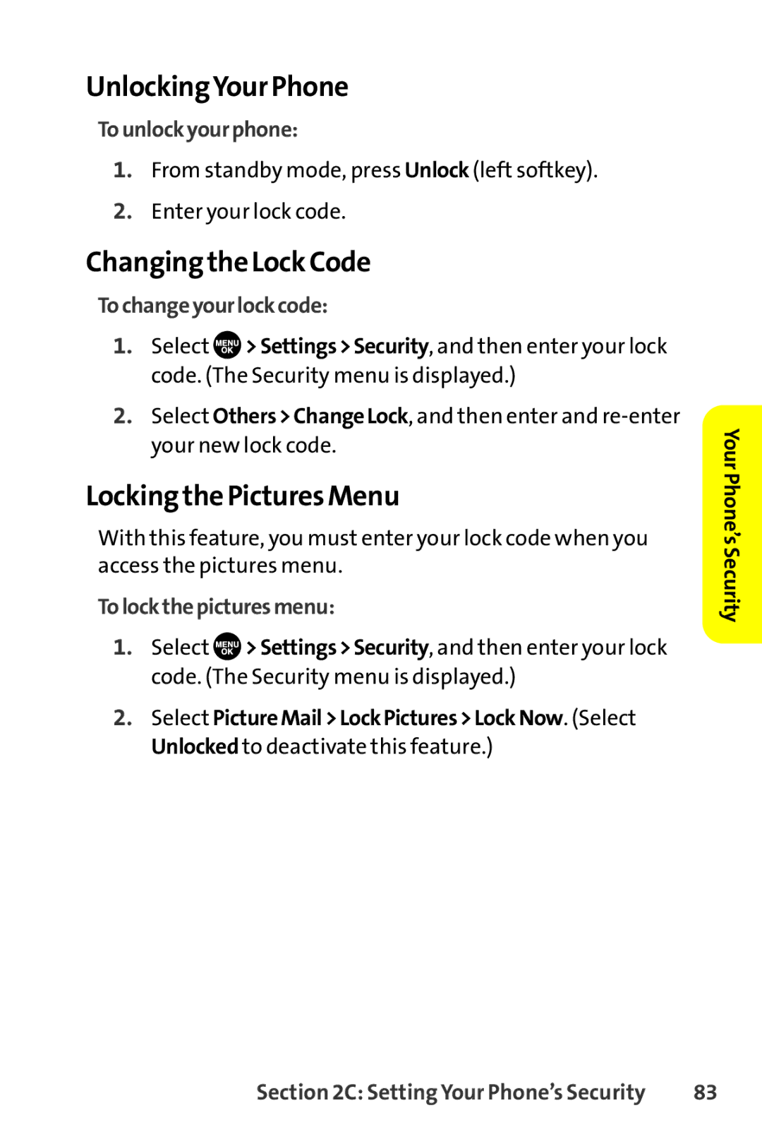 Sanyo SCP-8400 manual UnlockingYour Phone, Changing the Lock Code, Locking the Pictures Menu 