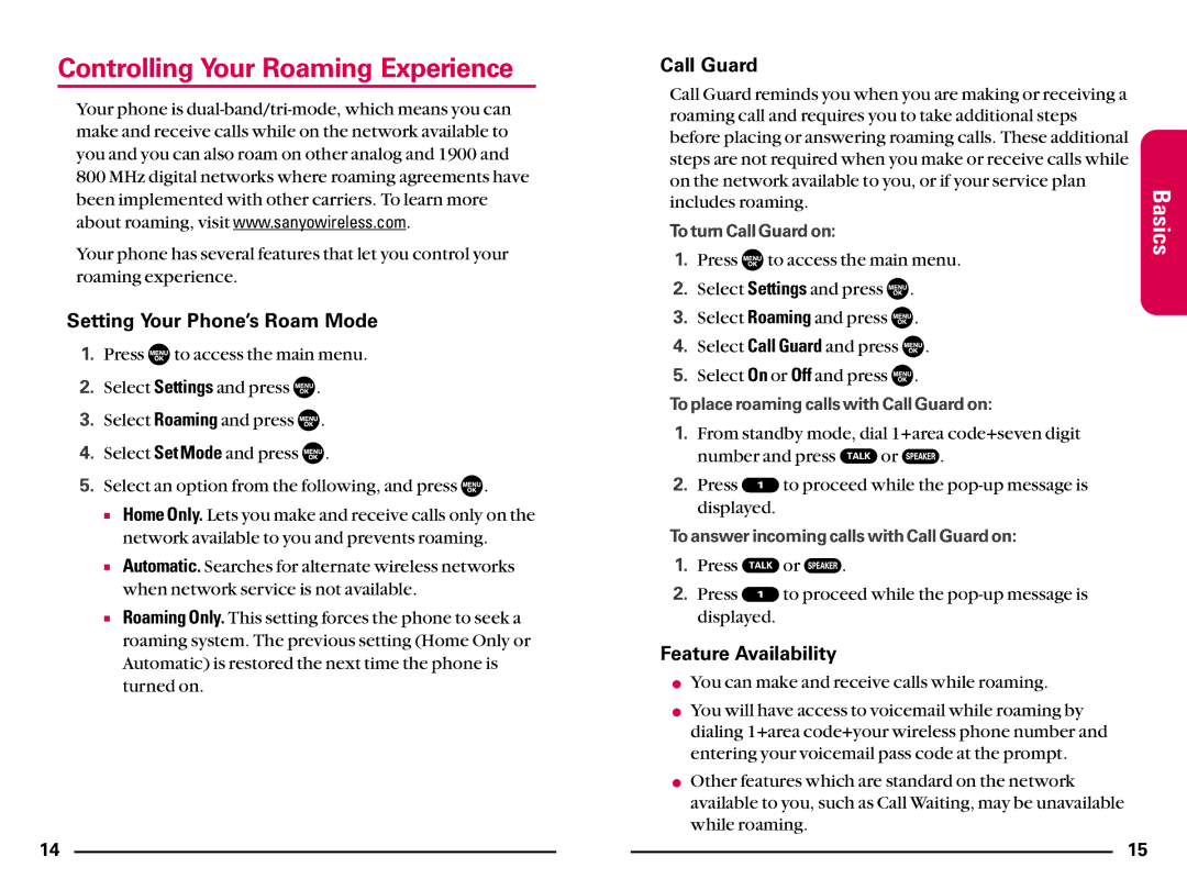 Sanyo SCP200 manual Controlling Your Roaming Experience, Setting Your Phone’s Roam Mode, Call Guard, Feature Availability 