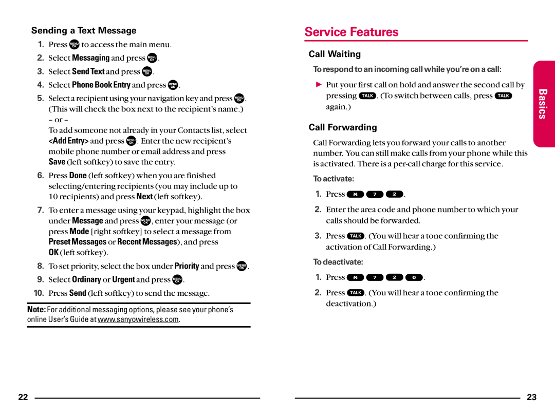 Sanyo SCP200 manual Service Features, Sending a Text Message, Call Waiting, Call Forwarding 