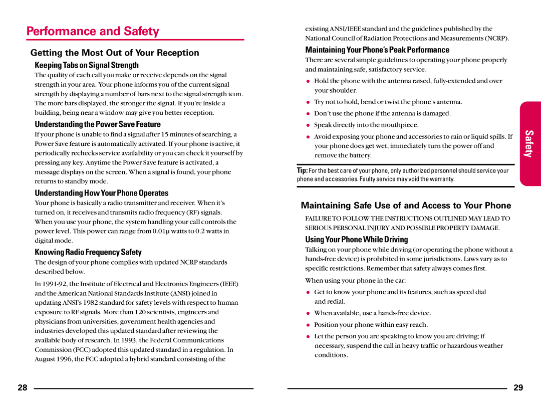 Sanyo SCP200 manual Performance and Safety, Getting the Most Out of Your Reception 