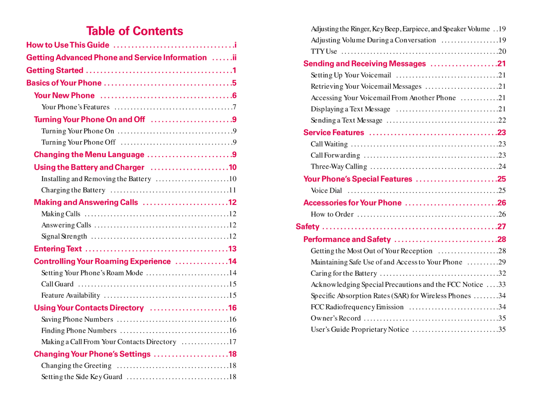 Sanyo SCP200 manual Table of Contents 