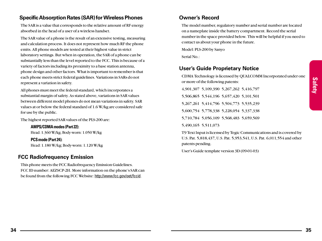 Sanyo SCP200 manual Specific Absorption Rates SAR for Wireless Phones, FCC Radiofrequency Emission, Owner’s Record 