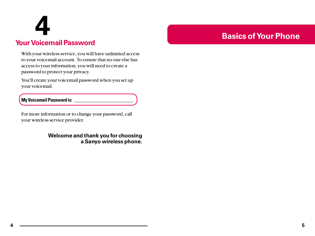 Sanyo SCP200 manual My Voicemail Password is, Welcome and thank you for choosing a Sanyo wireless phone 