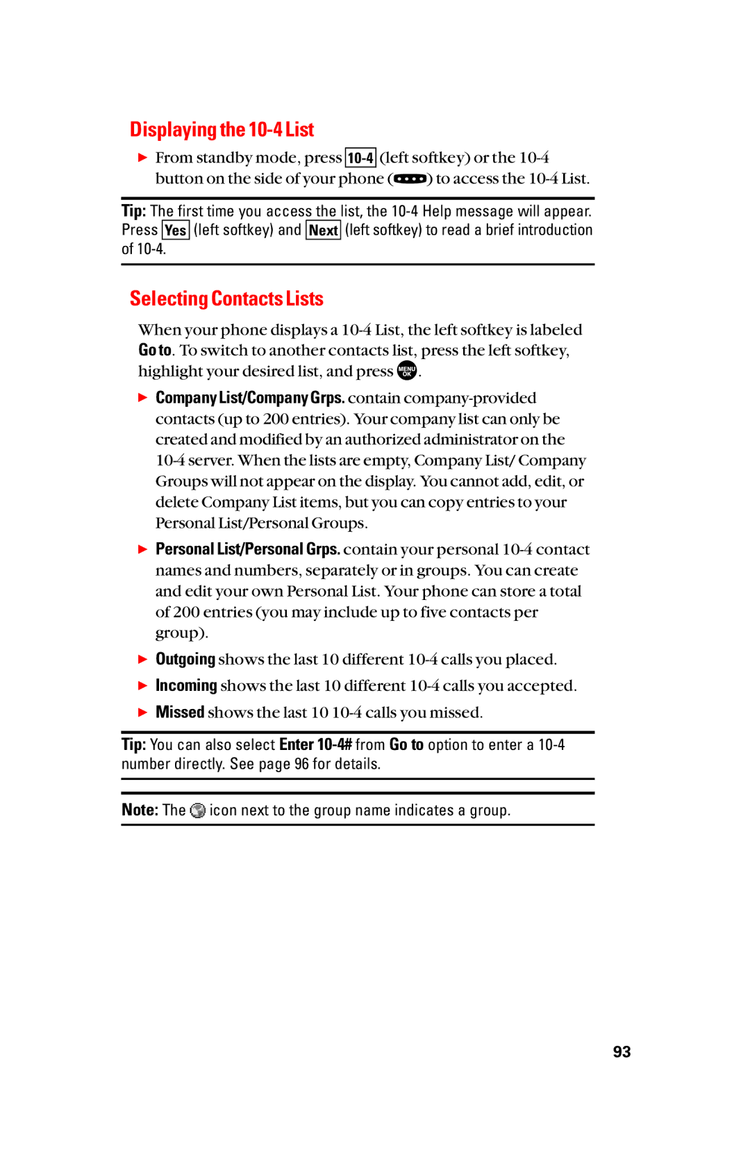 Sanyo scp8300 manual Displaying the 10-4 List, Selecting Contacts Lists 